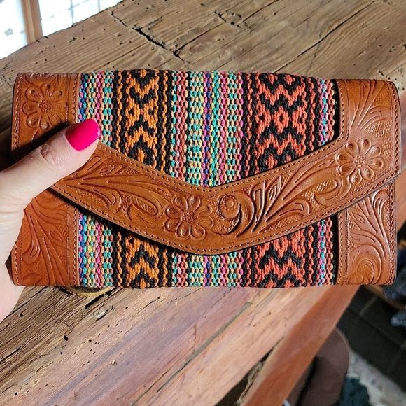 Myra Bag Handbags - XL Acclaim tribal rug portfolio wallet, genuine handtooled leather